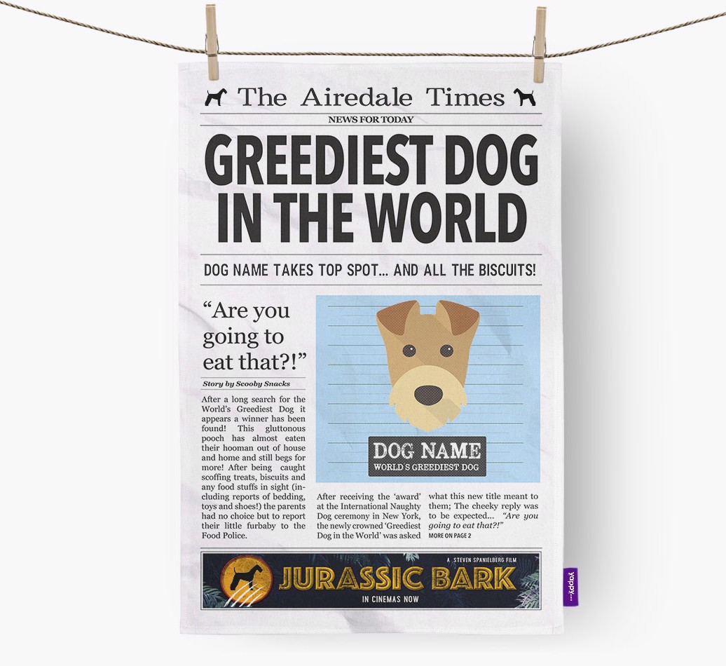 'Greediest Dog in the World' - Personalized {breedFullName} Dish Towel - hung