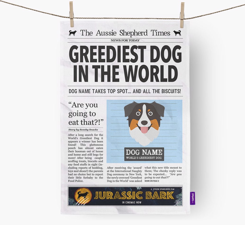 'Greediest Dog in the World' - Personalized {breedFullName} Dish Towel - hung