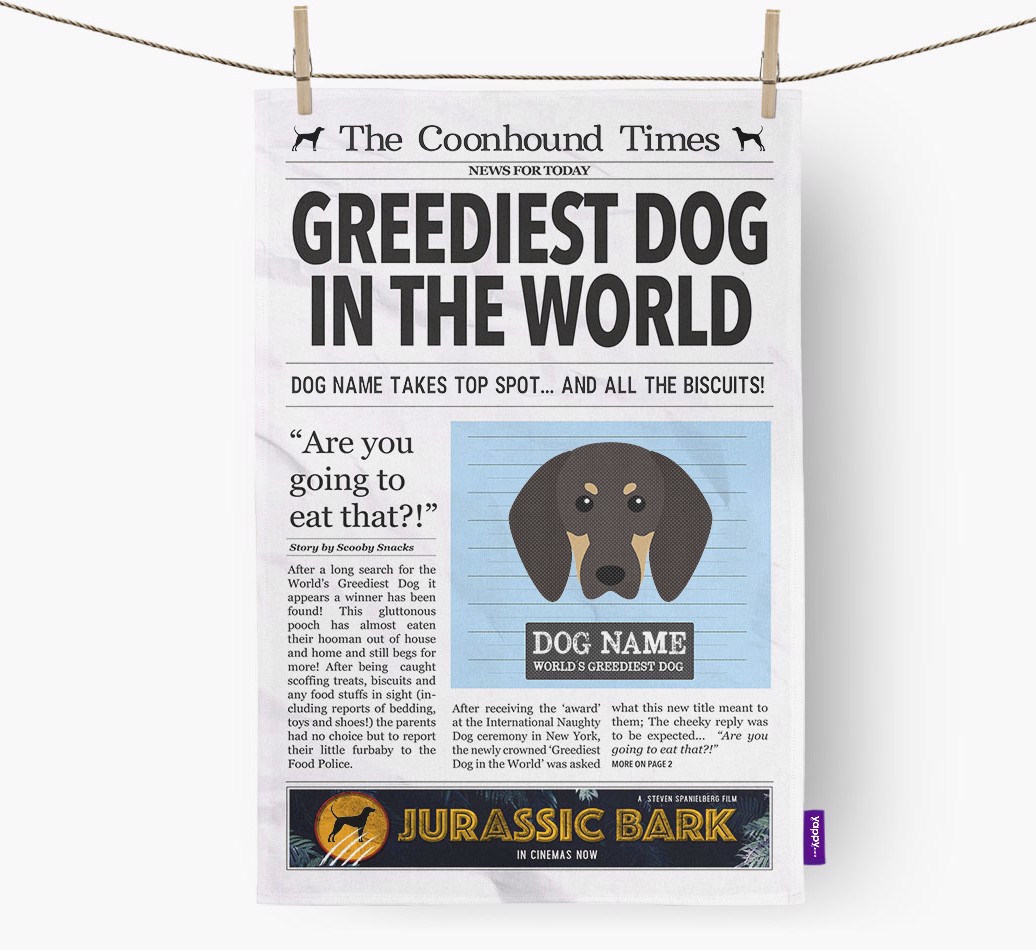 'Greediest Dog in the World' - Personalized {breedFullName} Dish Towel - hung