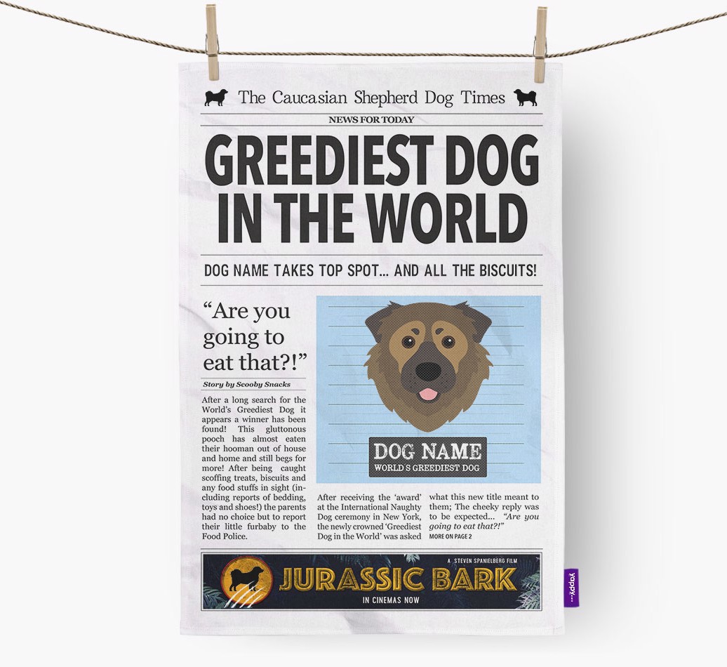 'Greediest Dog in the World' - Personalized {breedFullName} Dish Towel - hung