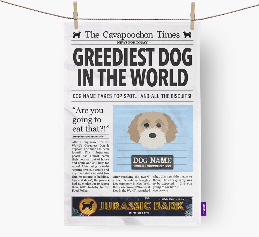 'Greediest Dog in the World' - Personalised {breedFullName} Tea Towel - hung