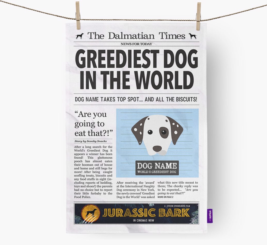 'Greediest Dog in the World' - Personalised {breedFullName} Tea Towel - hung