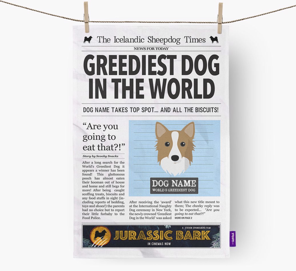 'Greediest Dog in the World' - Personalised {breedFullName} Tea Towel - hung