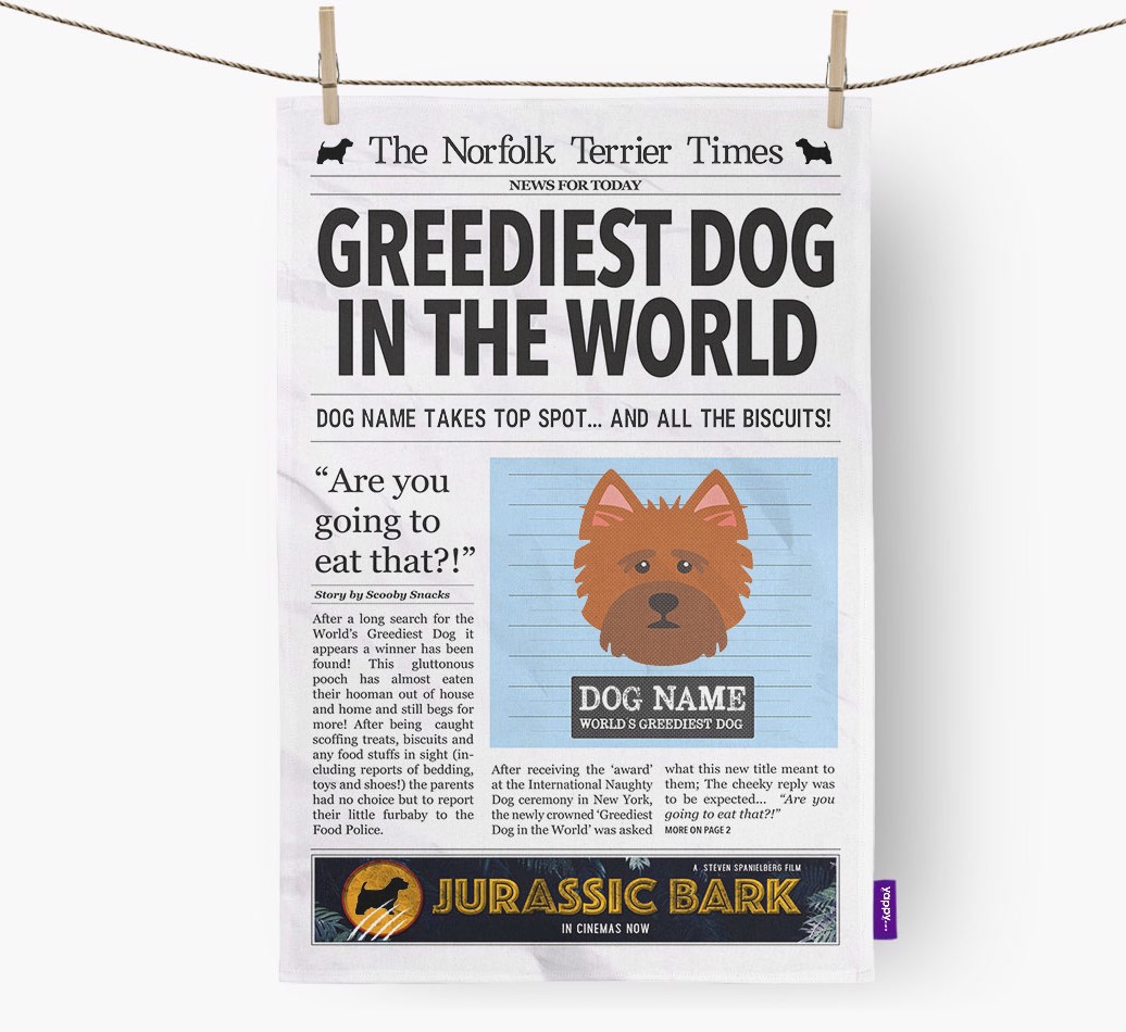 'Greediest Dog in the World' - Personalized {breedFullName} Dish Towel - hung