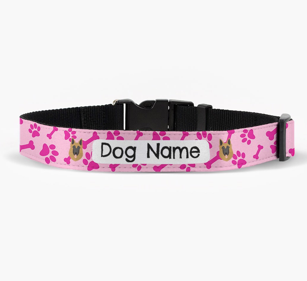 Personalized Fabric Collar with Bone and Paw Pattern and {breedFullName} Icon in front view