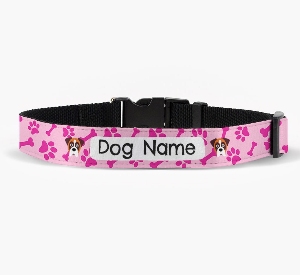 'Personalised Fabric Collar with Bone and Paw Pattern and {breedFullName} Icon in front view
