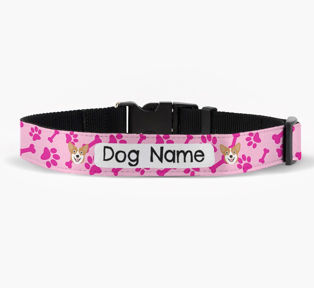 Personalized Fabric Collar with Bone and Paw Pattern and {breedFullName} Icon in front view