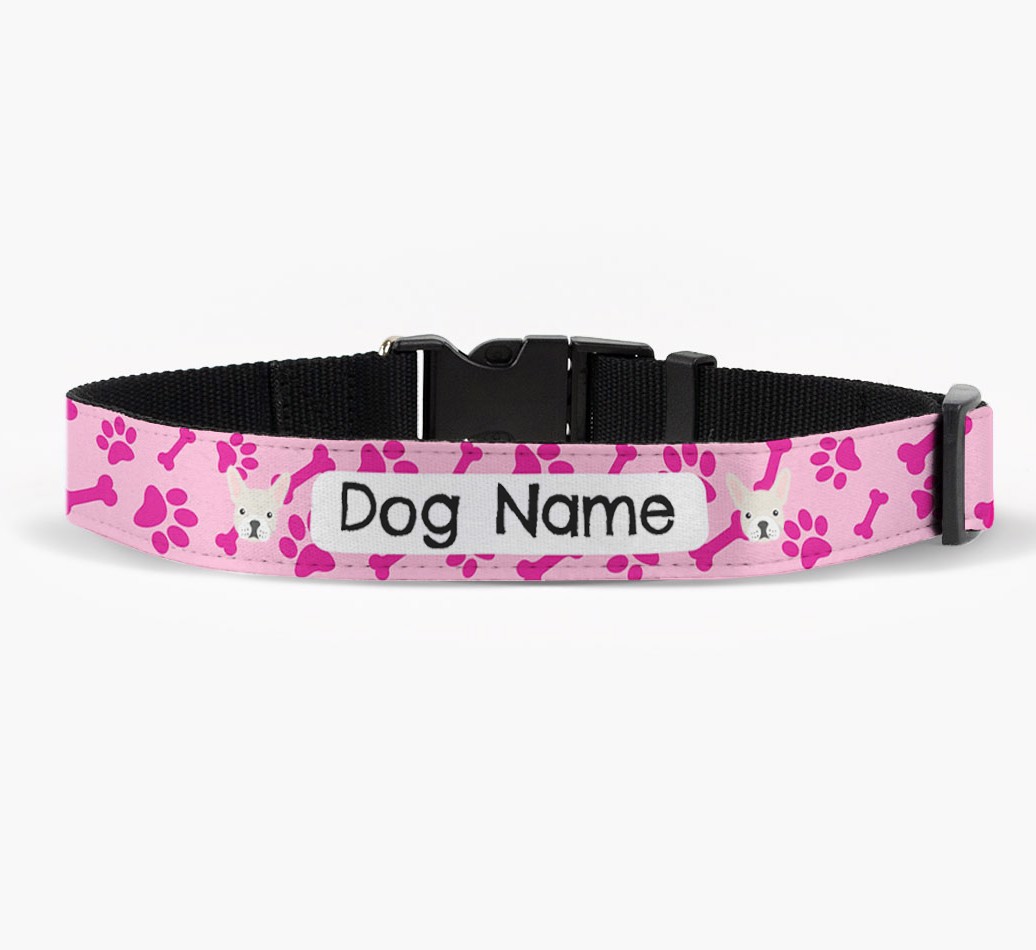 'Personalised Fabric Collar with Bone and Paw Pattern and {breedFullName} Icon in front view