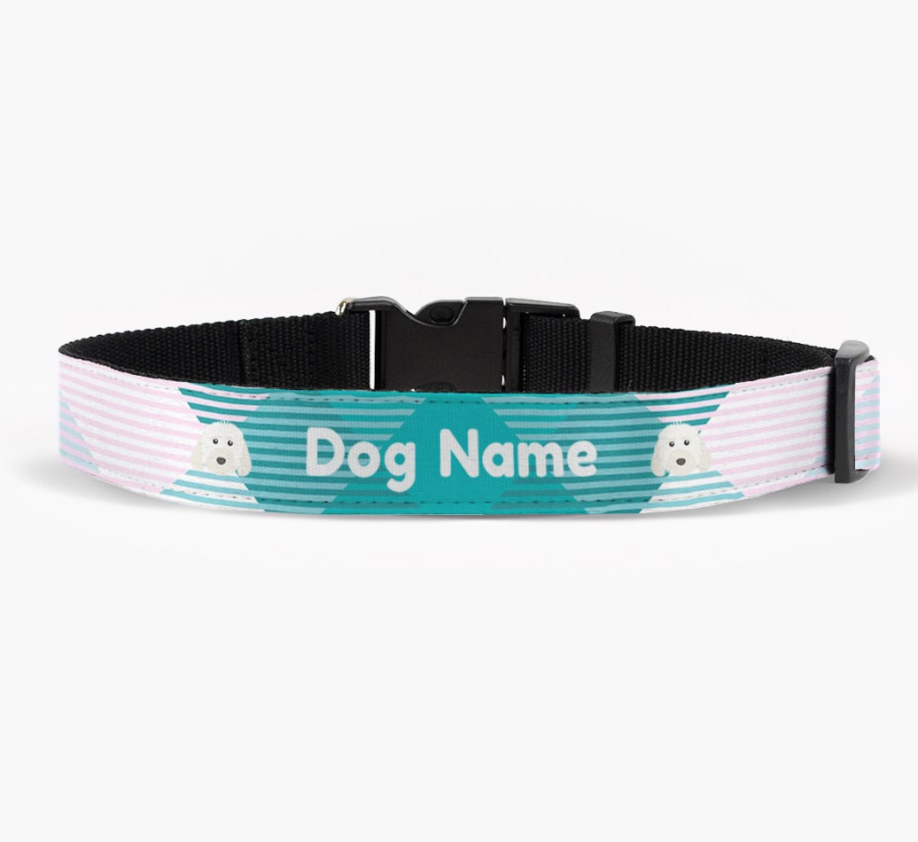Personalized Fabric Collar with Tartan Pattern and {breedFullName} Icon front view