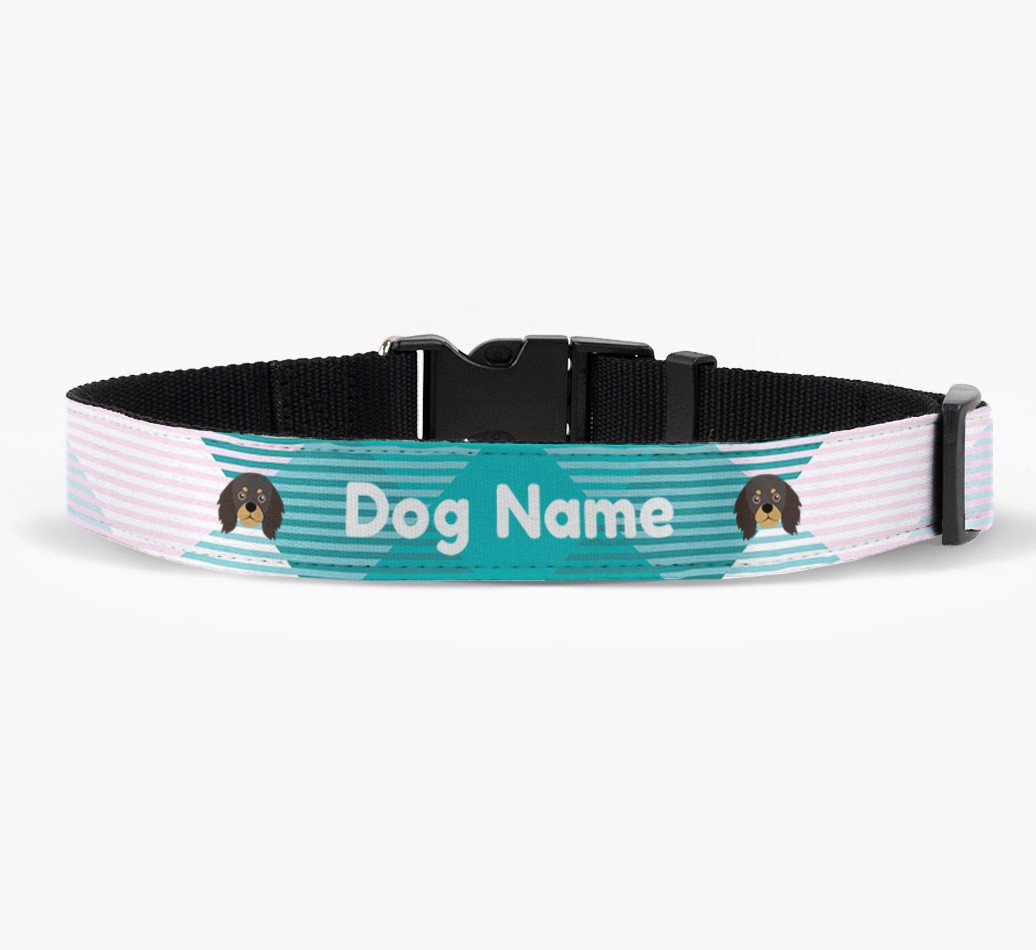 Personalized Fabric Collar with Tartan Pattern and {breedFullName} Icon front view