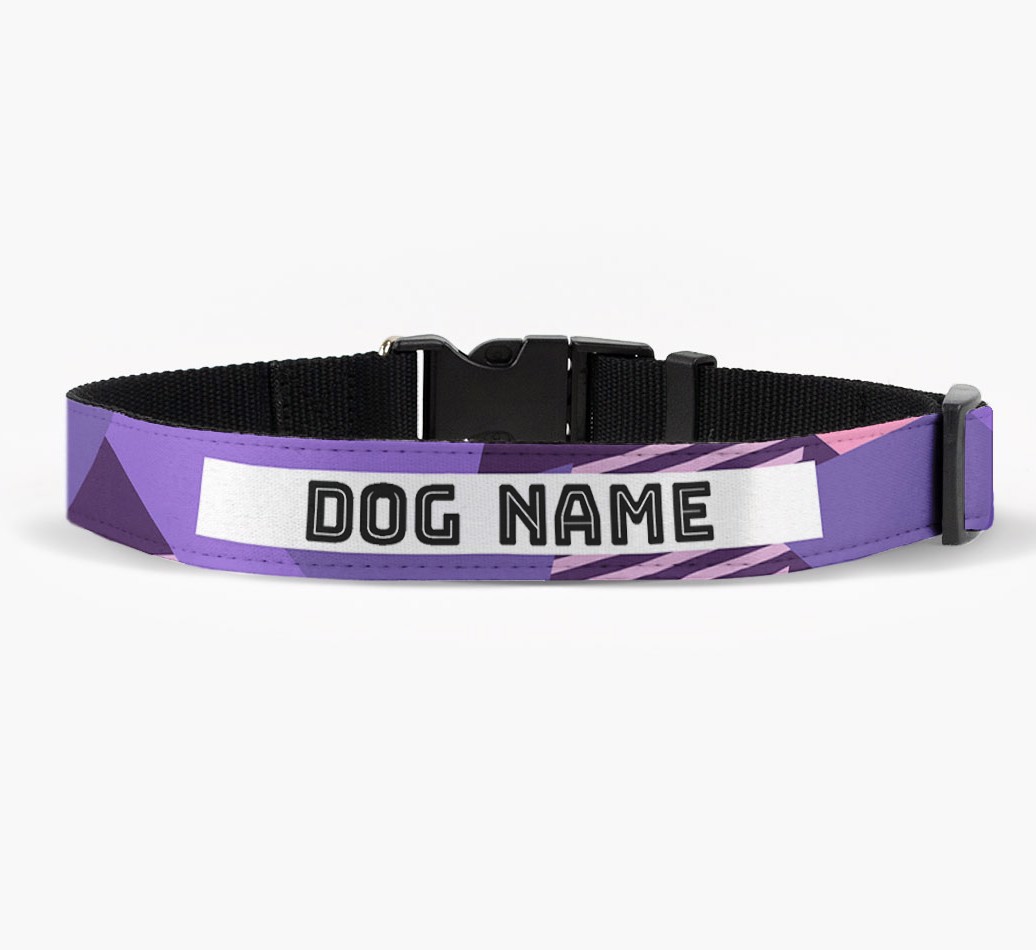 'Personalised Fabric Collar with Geometric Stripes for your {breedFullName} front view