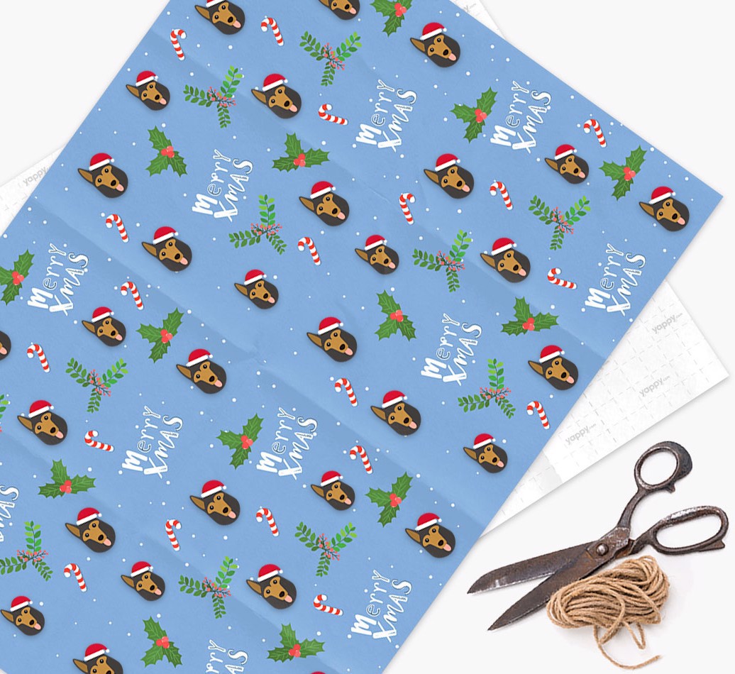 Merry X-Mas: Personalized {breedFullName} Wrapping Paper - flat