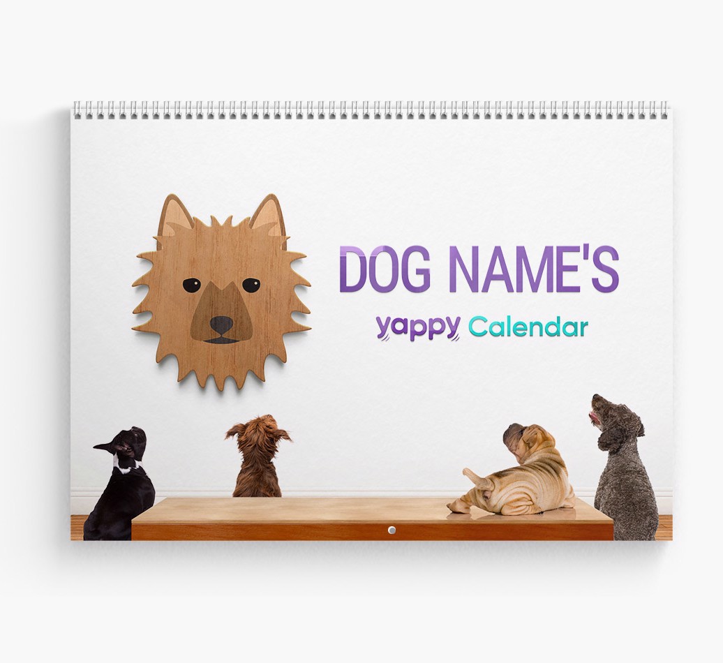 Personalized {breedFullName} Calendar for {dogsName|Your Dog} - Cover Page Angled Shot