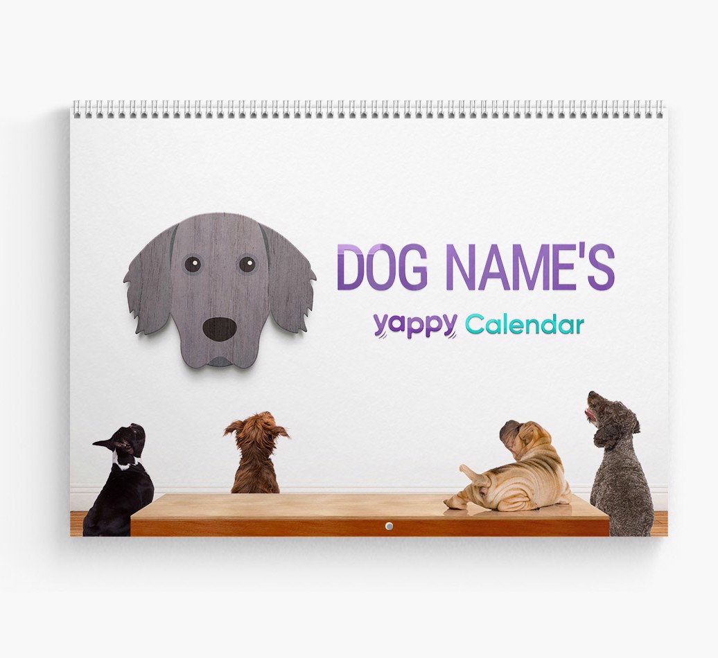 Personalized {breedFullName} Calendar for {dogsName|Your Dog} - Cover Page Angled Shot