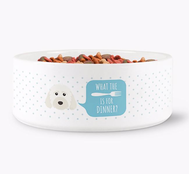 'What's for dinner?' Dog Bowl for your {breedFullName}