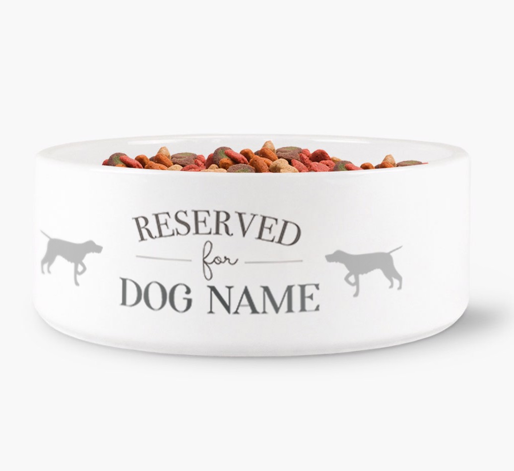 'Reserved for {dogsName}' Dog Bowl for your {breedFullName} front view