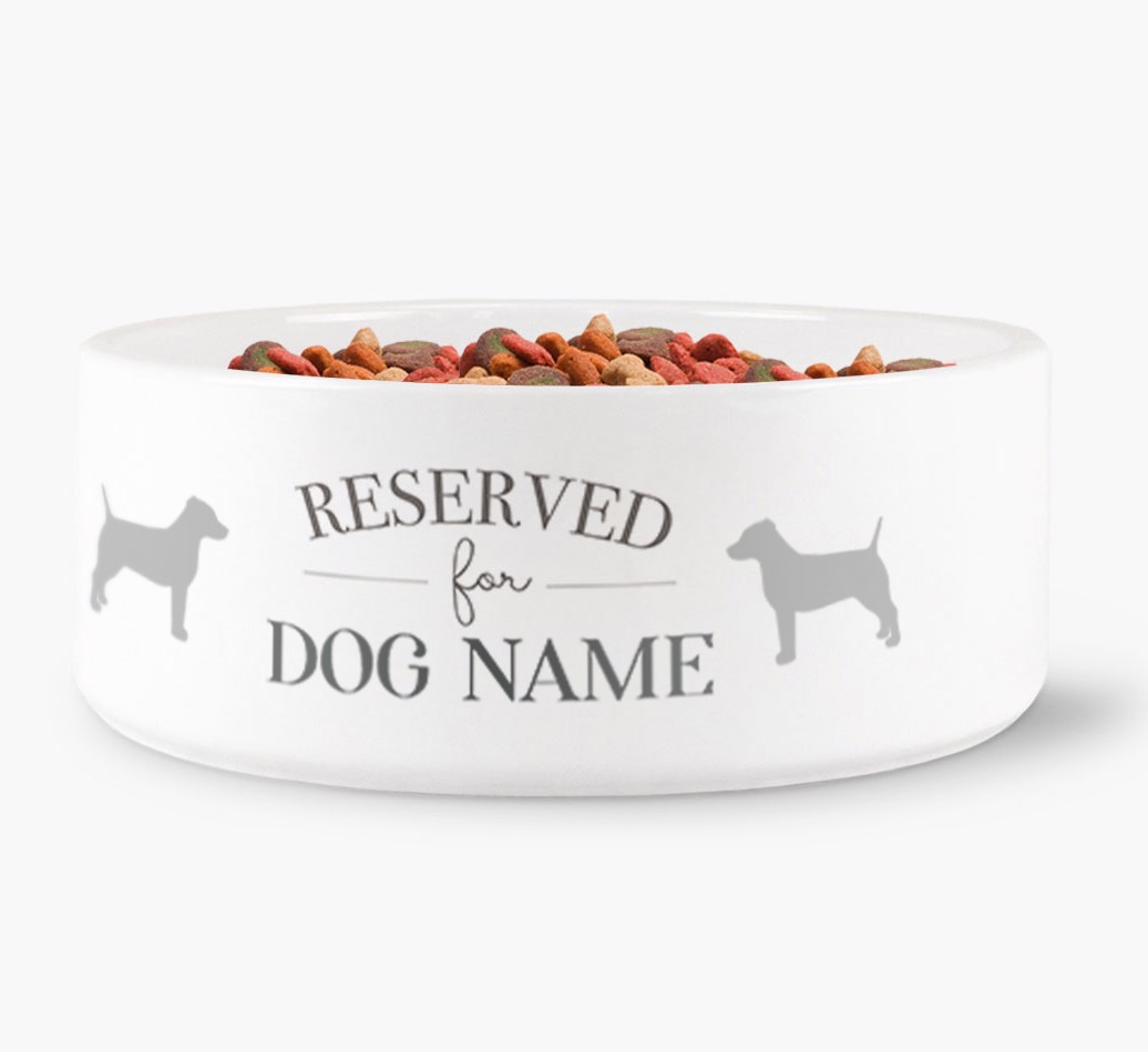 'Reserved for {dogsName}' Dog Bowl for your {breedFullName} front view