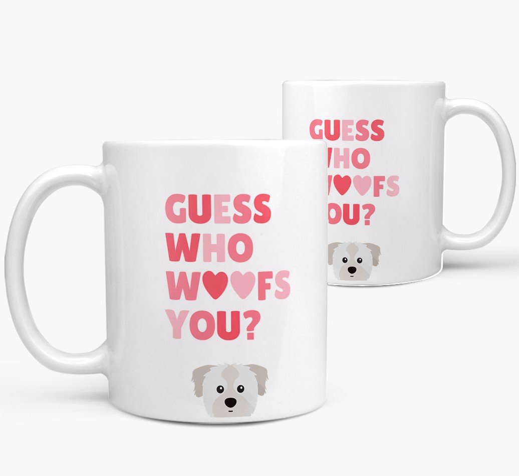 ''Guess Who Woofs You' Mug With {breedFullName} Icon both views