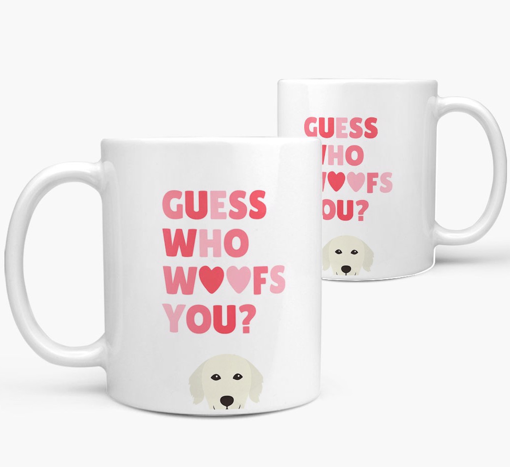 ''Guess Who Woofs You' Mug With {breedFullName} Icon both views