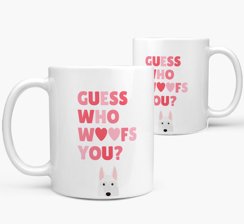 'Guess Who Woofs You' - Personalised {breedFullName} Mug - both sides