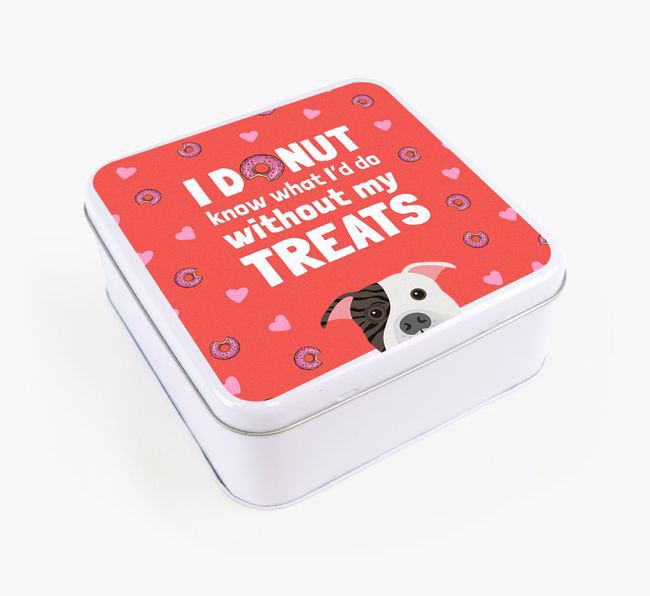 'You donut know how much I love treats' Square Tin with {breedFullName} Icon