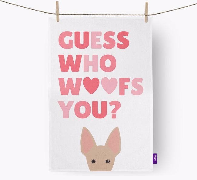 'Guess Who Woofs You?' Dish Towel with {breedFullName} Icon