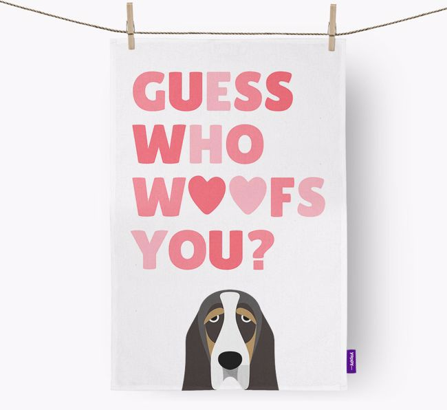 'Guess Who Woofs You?' Dish Towel with {breedFullName} Icon