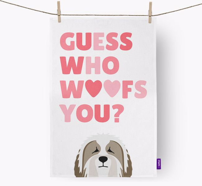 'Guess Who Woofs You?' Tea Towel with {breedFullName} Icon