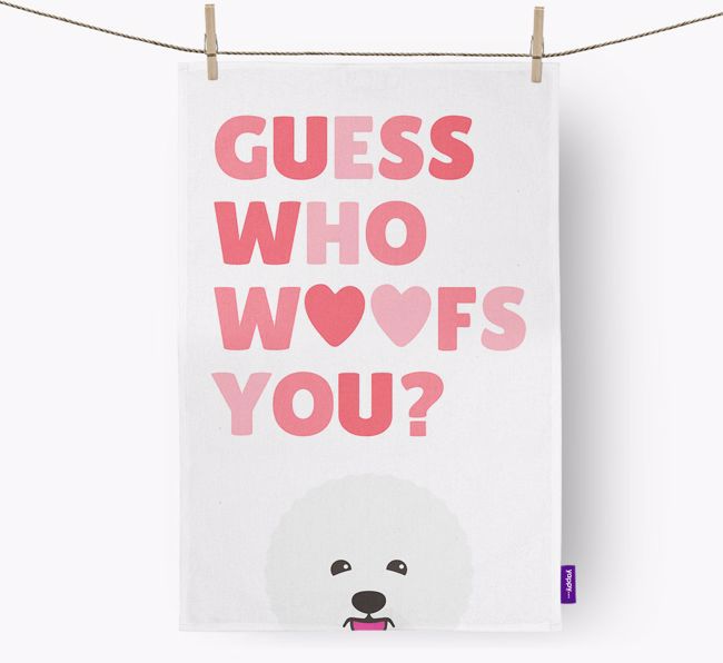 'Guess Who Woofs You?' Tea Towel with {breedFullName} Icon