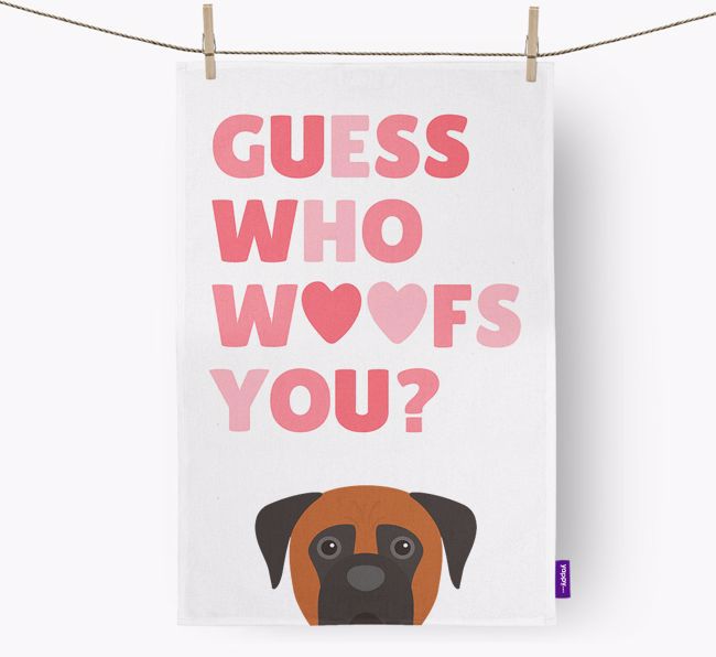 'Guess Who Woofs You?' Tea Towel with {breedFullName} Icon