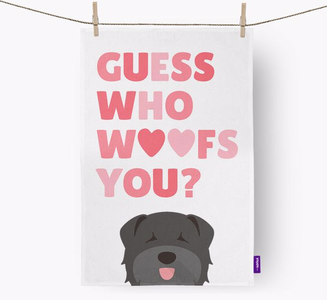 'Guess Who Woofs You?' Tea Towel with {breedFullName} Icon