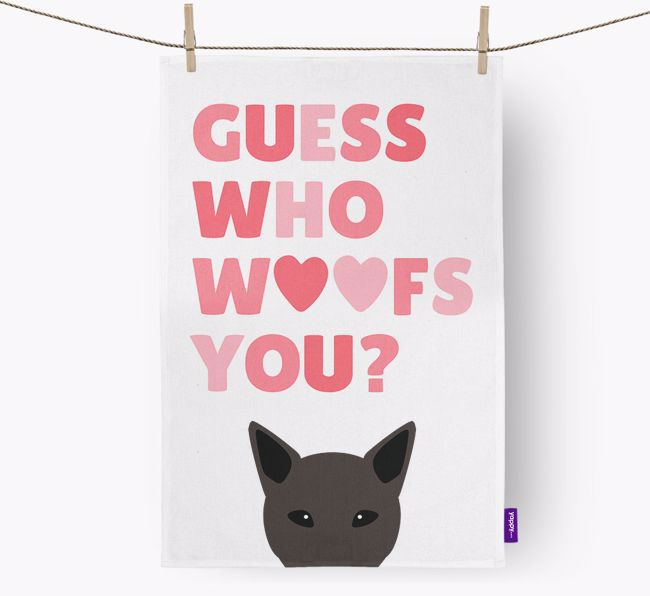 'Guess Who Woofs You?' Dish Towel with {breedFullName} Icon