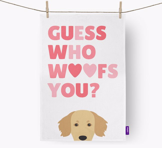 'Guess Who Woofs You?' Dish Towel with {breedFullName} Icon