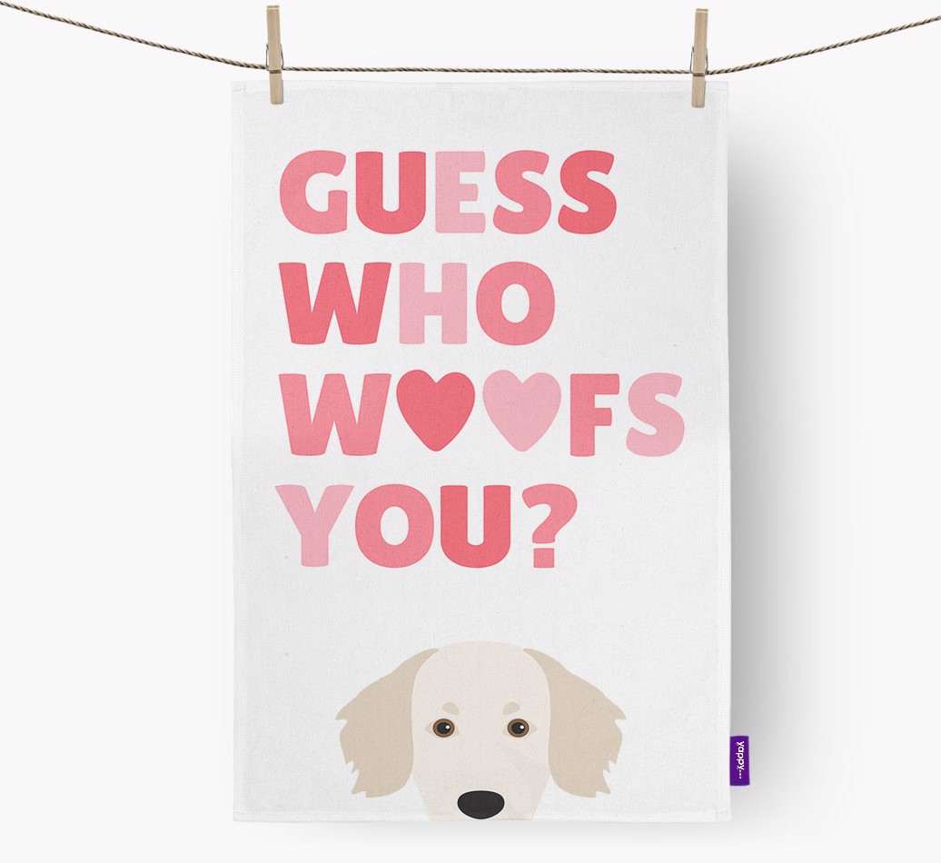 'Guess Who Woofs You?' Dish Towel with {breedFullName} Icon