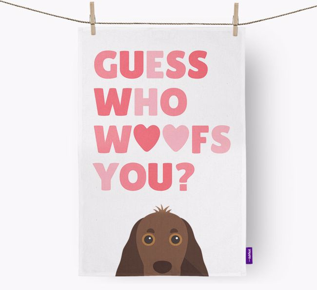 'Guess Who Woofs You?' Dish Towel with {breedFullName} Icon