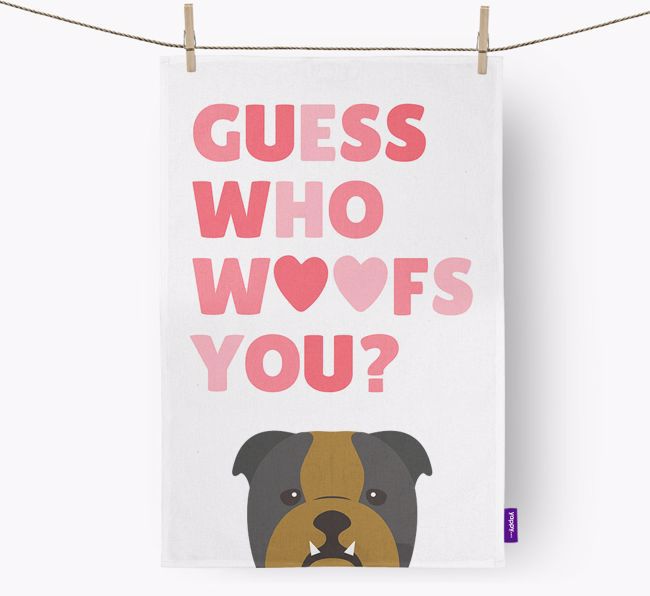 'Guess Who Woofs You?' Dish Towel with {breedFullName} Icon