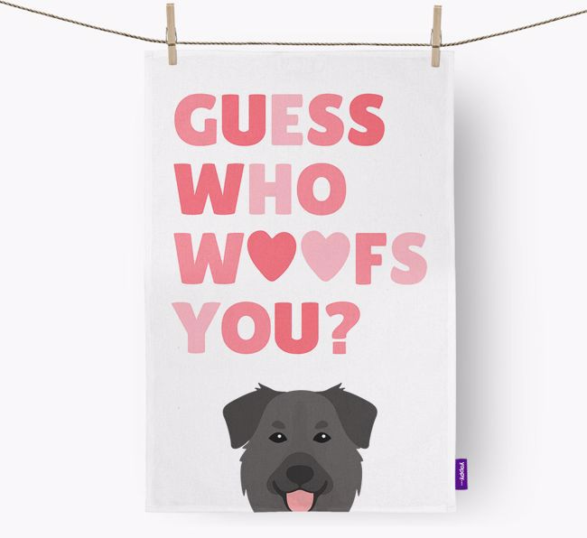 'Guess Who Woofs You?' Tea Towel with {breedFullName} Icon