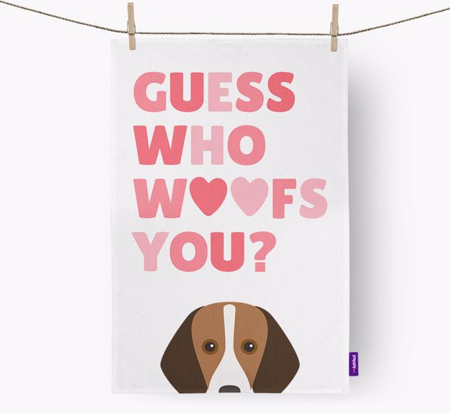 'Guess Who Woofs You?' Dish Towel with {breedFullName} Icon