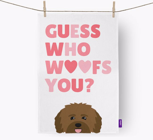 'Guess Who Woofs You?' Tea Towel with {breedFullName} Icon