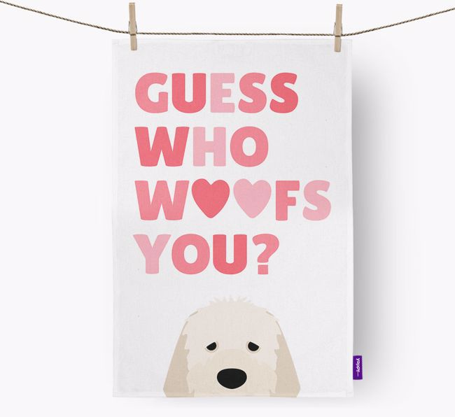 'Guess Who Woofs You?' Dish Towel with {breedFullName} Icon