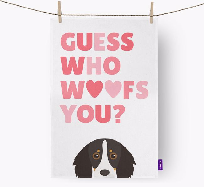 'Guess Who Woofs You?' Dish Towel with {breedFullName} Icon