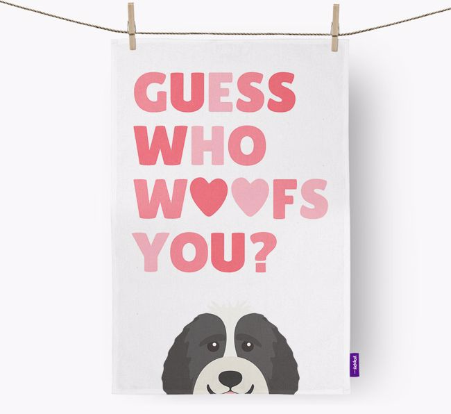 'Guess Who Woofs You?' Dish Towel with {breedFullName} Icon