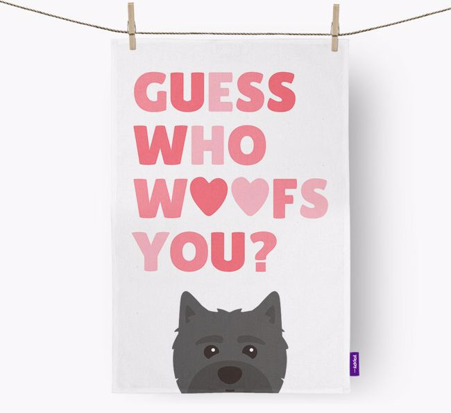 'Guess Who Woofs You?' Tea Towel with {breedFullName} Icon