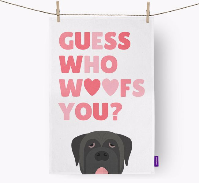 'Guess Who Woofs You?' Dish Towel with {breedFullName} Icon