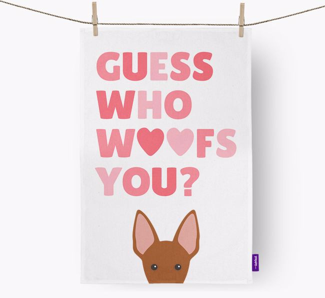 'Guess Who Woofs You?' Dish Towel with {breedFullName} Icon