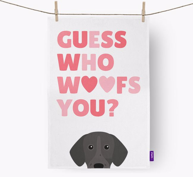 'Guess Who Woofs You?' Tea Towel with {breedFullName} Icon