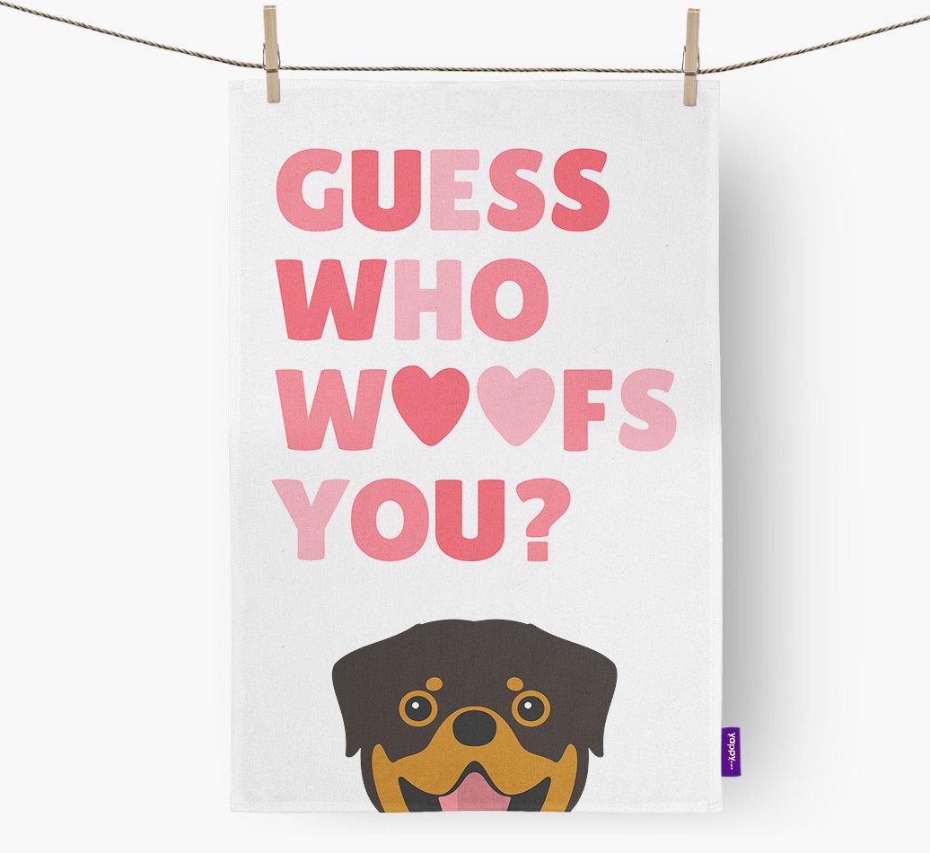 'Guess Who Woofs You?' Dish Towel with {breedFullName} Icon