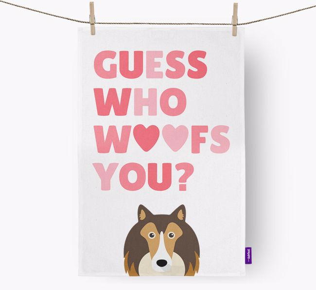 'Guess Who Woofs You?' Dish Towel with {breedFullName} Icon