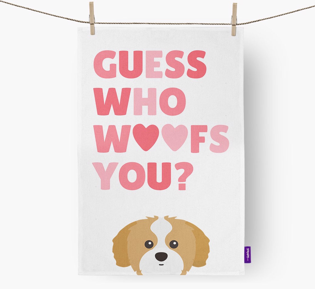 'Guess Who Woofs You?' Dish Towel with {breedFullName} Icon