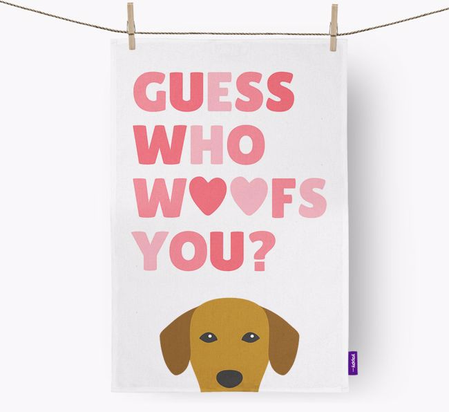 'Guess Who Woofs You?' Dish Towel with {breedFullName} Icon